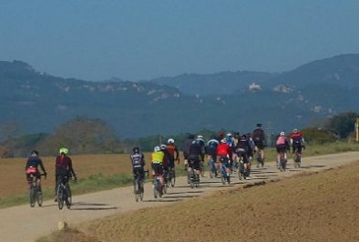 Group of gravel bikers cycling through a track in the Empordà