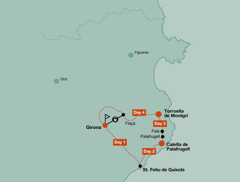 Map of the touring bike tour of Girona and Costa Brava
