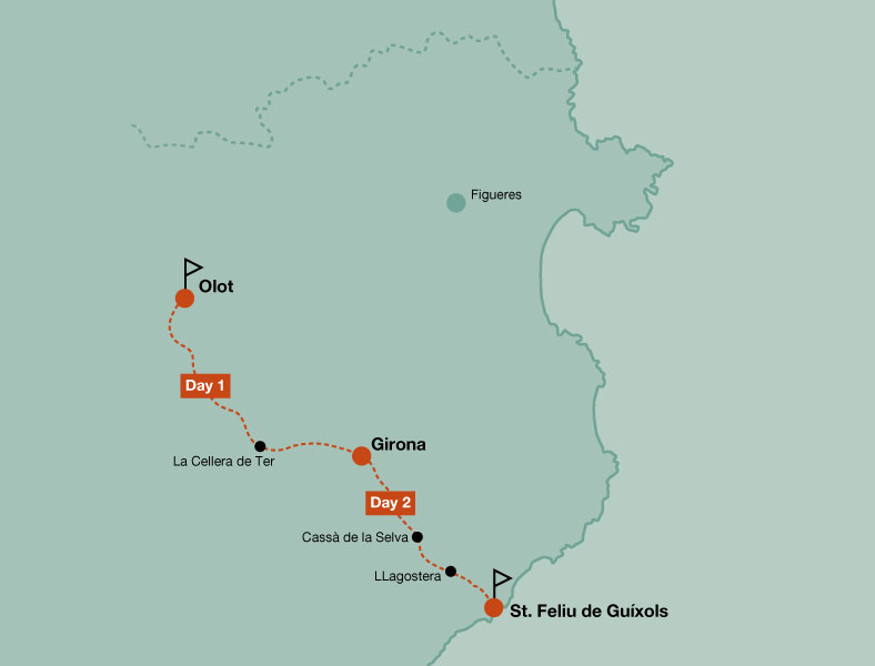 Map of the touring bike tour 2 days cycling in the Greenways of Girona