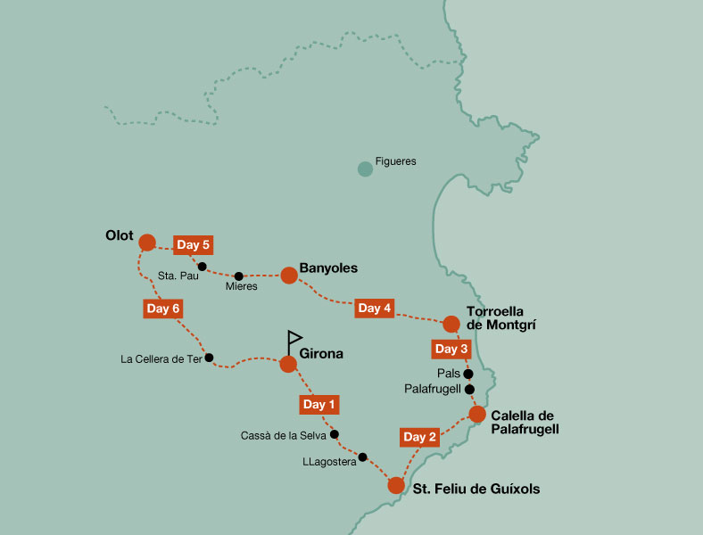 Map of the touring bike tour Pyrenees and Costa Brava